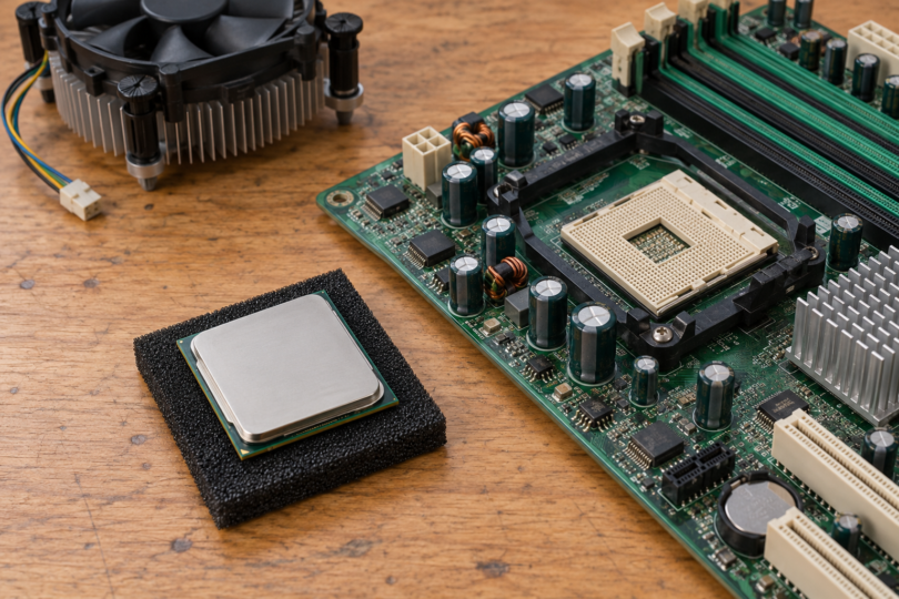 A generic desktop processor on a black foam pad beside an older motherboard and a separate CPU cooler.