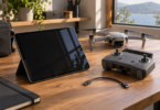 Generic tablet, disconnected cable and drone controller beside a powered-off quadcopter
