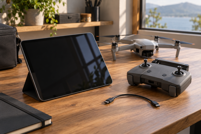 Generic tablet, disconnected cable and drone controller beside a powered-off quadcopter