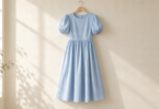 A light-blue dress with short puff sleeves and a gathered skirt hanging against a cream wall.