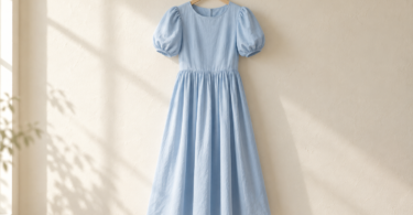 A light-blue dress with short puff sleeves and a gathered skirt hanging against a cream wall.