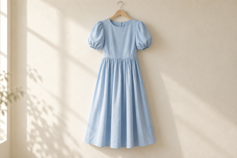 A light-blue dress with short puff sleeves and a gathered skirt hanging against a cream wall.