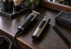 Two unbranded T-blade trimmers, a black comb and a folded towel on a dark wooden barber workstation.