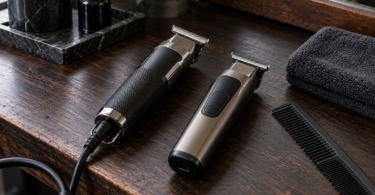 Two unbranded T-blade trimmers, a black comb and a folded towel on a dark wooden barber workstation.