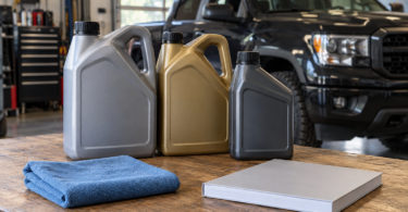 Three unbranded oil jugs, a folded cloth and a closed booklet on a garage workbench with a pickup behind them.