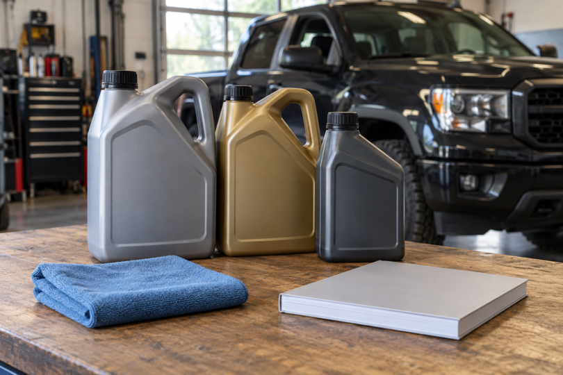 Three unbranded oil jugs, a folded cloth and a closed booklet on a garage workbench with a pickup behind them.