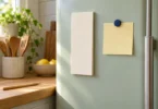 A blank cream notepad and yellow note held by a blue magnet on a pale green refrigerator