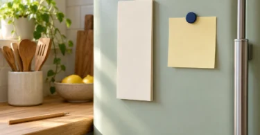 A blank cream notepad and yellow note held by a blue magnet on a pale green refrigerator