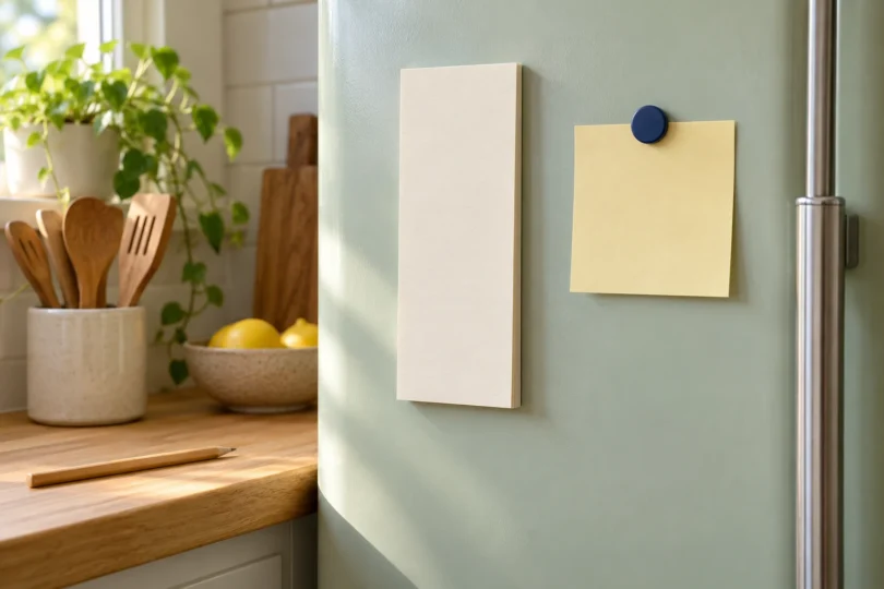 A blank cream notepad and yellow note held by a blue magnet on a pale green refrigerator