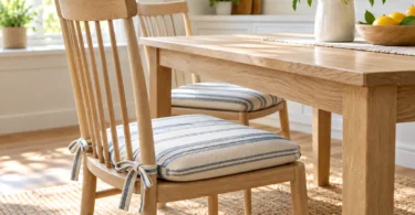 Blue-and-cream striped seat cushions tied to wooden chairs beside a kitchen table