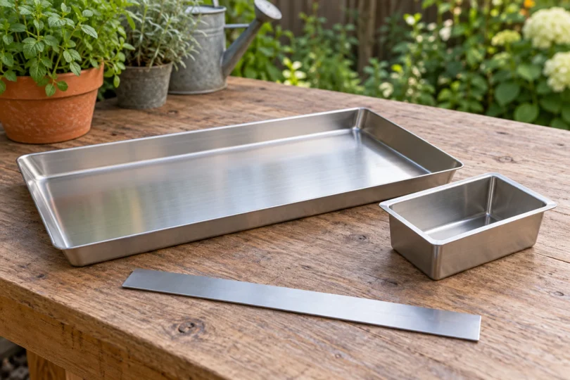 A shallow metal tray and separate small catch cup on a wooden outdoor workbench