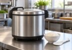 Generic stainless steel rice holding appliance on a restaurant counter with a bowl of rice and serving paddle