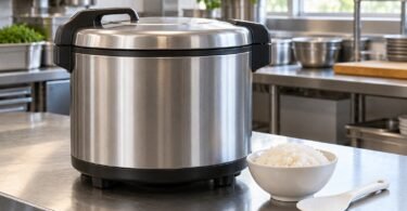 Generic stainless steel rice holding appliance on a restaurant counter with a bowl of rice and serving paddle