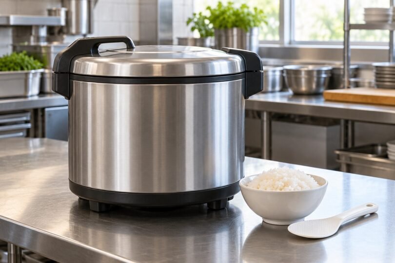 Generic stainless steel rice holding appliance on a restaurant counter with a bowl of rice and serving paddle