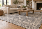 Gray and ivory geometric area rug beneath an oak coffee table and the front legs of a cream sofa