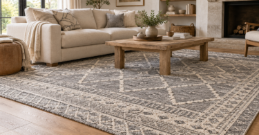 Gray and ivory geometric area rug beneath an oak coffee table and the front legs of a cream sofa