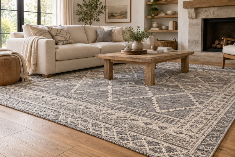 Gray and ivory geometric area rug beneath an oak coffee table and the front legs of a cream sofa