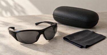 Unbranded black wraparound sunglasses with grey lenses beside a black case and folded cleaning cloth