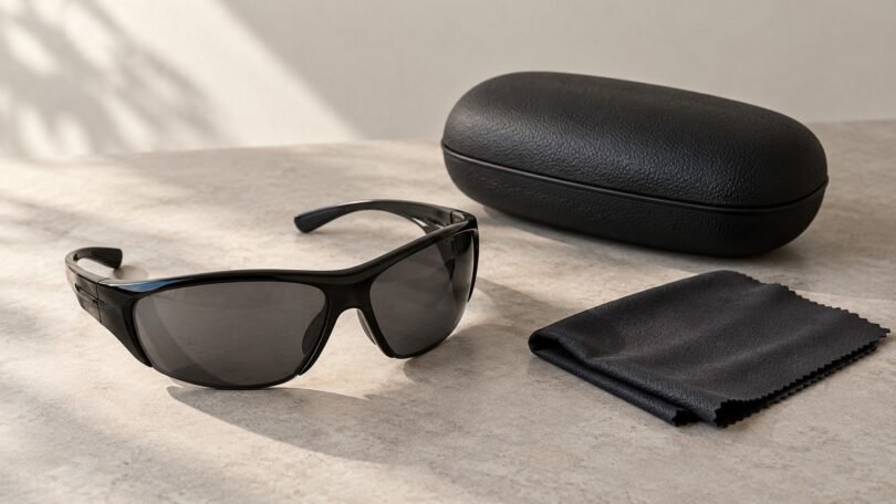 Unbranded black wraparound sunglasses with grey lenses beside a black case and folded cleaning cloth