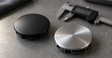 Unbranded black and silver round wheel center caps beside a digital caliper on a gray workbench