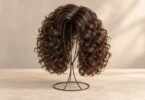 An unbranded dark-brown spiral-curly wig on a black wire stand against a warm neutral background