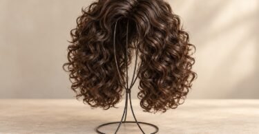 An unbranded dark-brown spiral-curly wig on a black wire stand against a warm neutral background