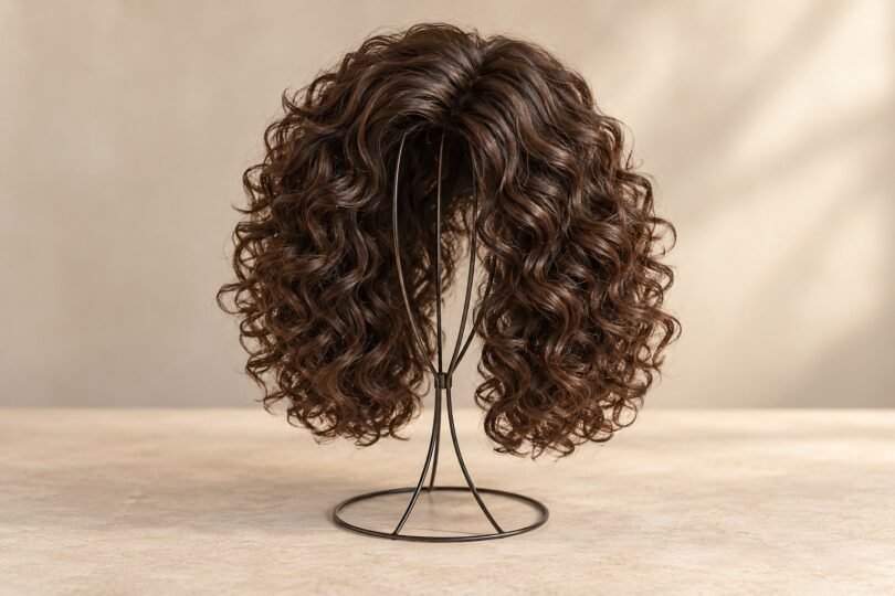 An unbranded dark-brown spiral-curly wig on a black wire stand against a warm neutral background