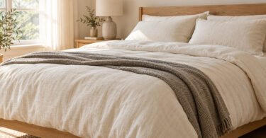 A bed with unbranded cream bedding, matching pillow shams and a gray throw in a sunlit neutral bedroom