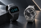 Concept illustration of two unbranded wristwatches, one angular dark digital watch and one round silver analog watch