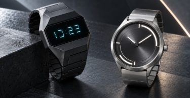 Concept illustration of two unbranded wristwatches, one angular dark digital watch and one round silver analog watch