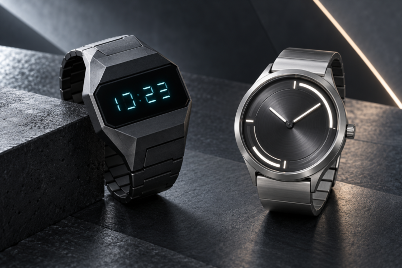 Concept illustration of two unbranded wristwatches, one angular dark digital watch and one round silver analog watch
