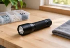 Black flashlight beside a parts organizer and gray cloth on a wooden workbench