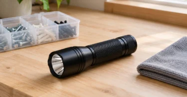 Black flashlight beside a parts organizer and gray cloth on a wooden workbench
