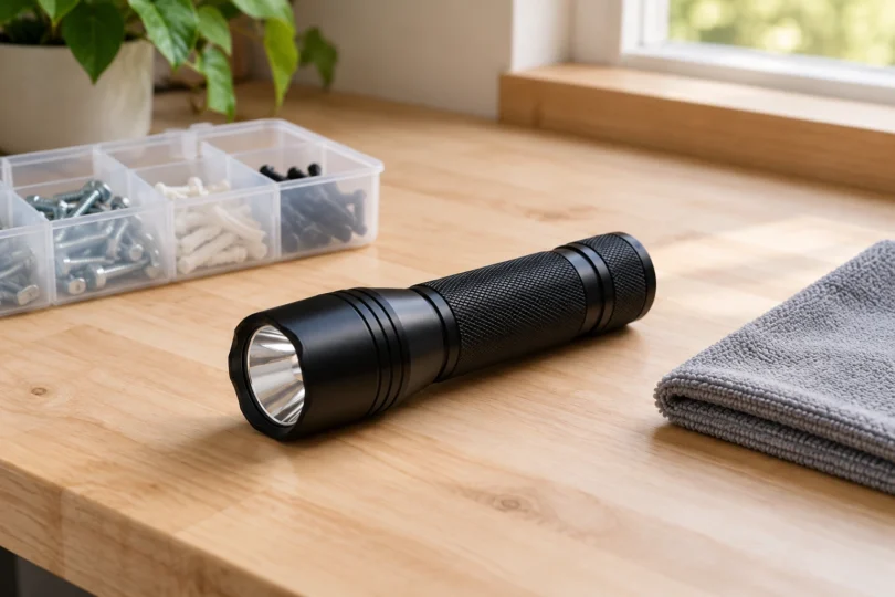 Black flashlight beside a parts organizer and gray cloth on a wooden workbench