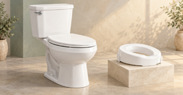 Conceptual illustration of a white toilet beside a detached raised seat displayed on a separate plinth.
