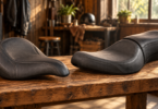 Conceptual illustration of separate solo and two-person cruiser motorcycle saddles on a workshop bench.