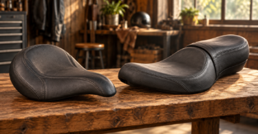 Conceptual illustration of separate solo and two-person cruiser motorcycle saddles on a workshop bench.