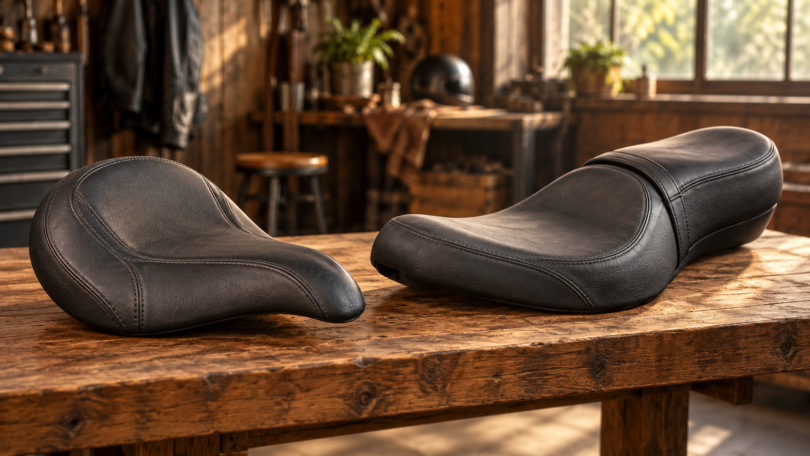 Conceptual illustration of separate solo and two-person cruiser motorcycle saddles on a workshop bench.