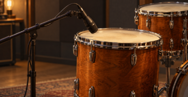 Conceptual illustration of a boom-mounted microphone aimed at a wood-shell tom drum.