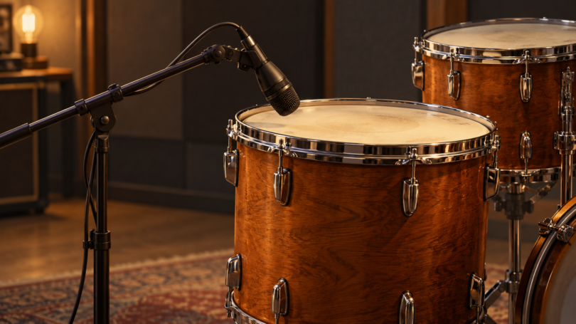 Conceptual illustration of a boom-mounted microphone aimed at a wood-shell tom drum.