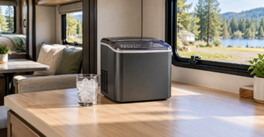 Unbranded countertop ice maker and a glass of ice on an open RV kitchen counter