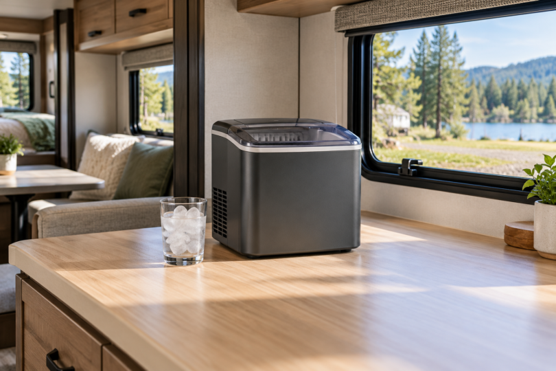 Unbranded countertop ice maker and a glass of ice on an open RV kitchen counter