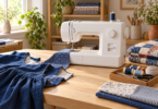 White sewing machine on a wooden table beside blue fabric and folded quilts.