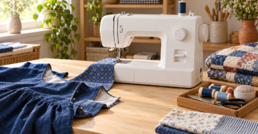 White sewing machine on a wooden table beside blue fabric and folded quilts.