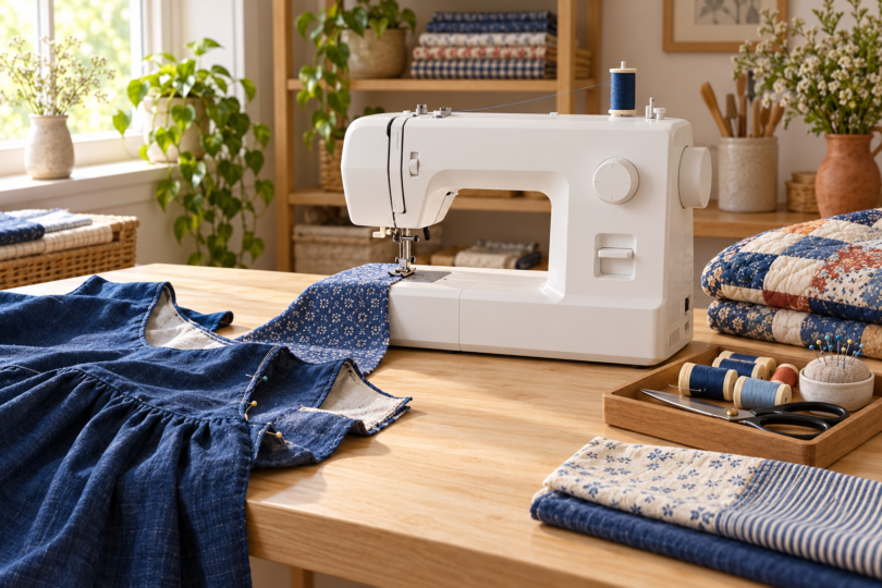 White sewing machine on a wooden table beside blue fabric and folded quilts.