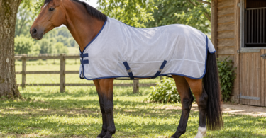Bay horse wearing a light mesh sheet beside a wooden stable.