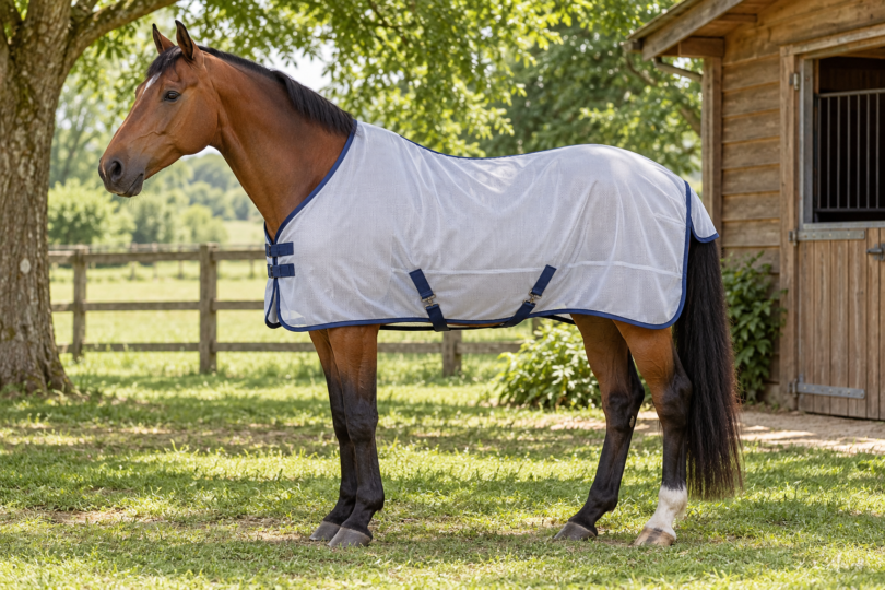 Bay horse wearing a light mesh sheet beside a wooden stable.