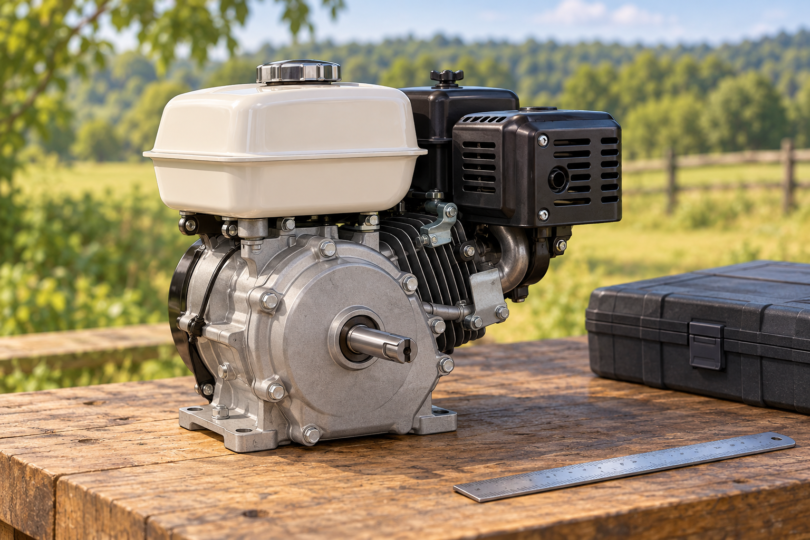 A generic horizontal-shaft engine with a ruler and closed tool case on an outdoor workbench