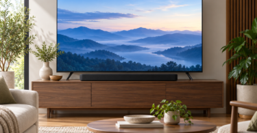 A black soundbar centered beneath a television on a wooden console in a bright living room