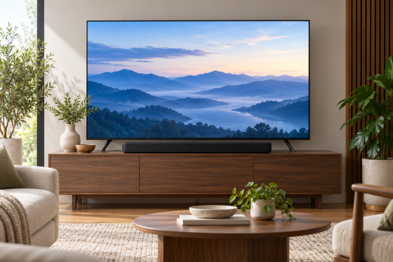 A black soundbar centered beneath a television on a wooden console in a bright living room